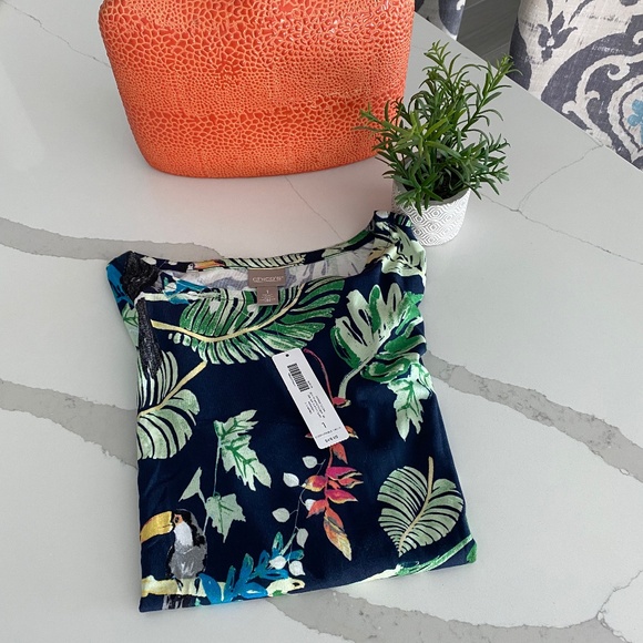 NWT Chicos Cotton Modal Navy Print Elbow Sleeve Tee Sz M - Picture 5 of 8